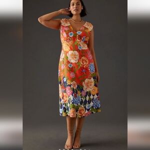 Anthropologie Vibrant Floral Midi Dress - Orange and Blue